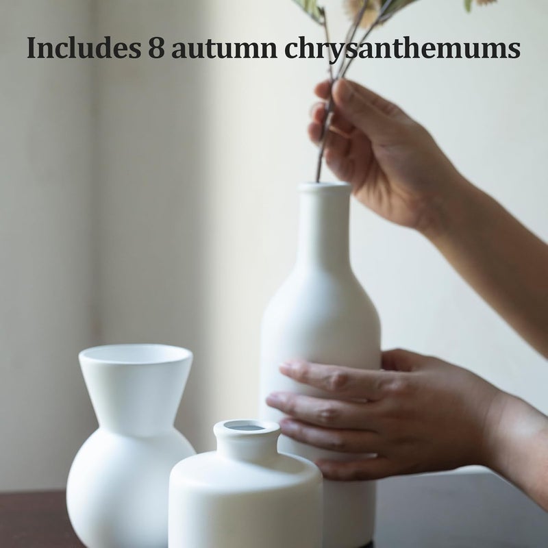 TBOHCRAFED Ceramic Flower Vase Set of 3, Fake Flowers in Vase for Centerpieces with 8 Artificial Autumn Chrysanthemums Artificial Decorative Swags - Image 1
